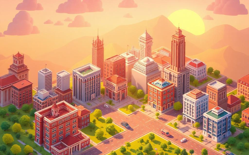 Isometric 2.5D city builder at sunset with stylized buildings