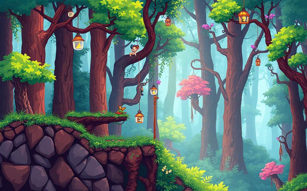 2D side-scrolling platformer set in a lantern-lit forest