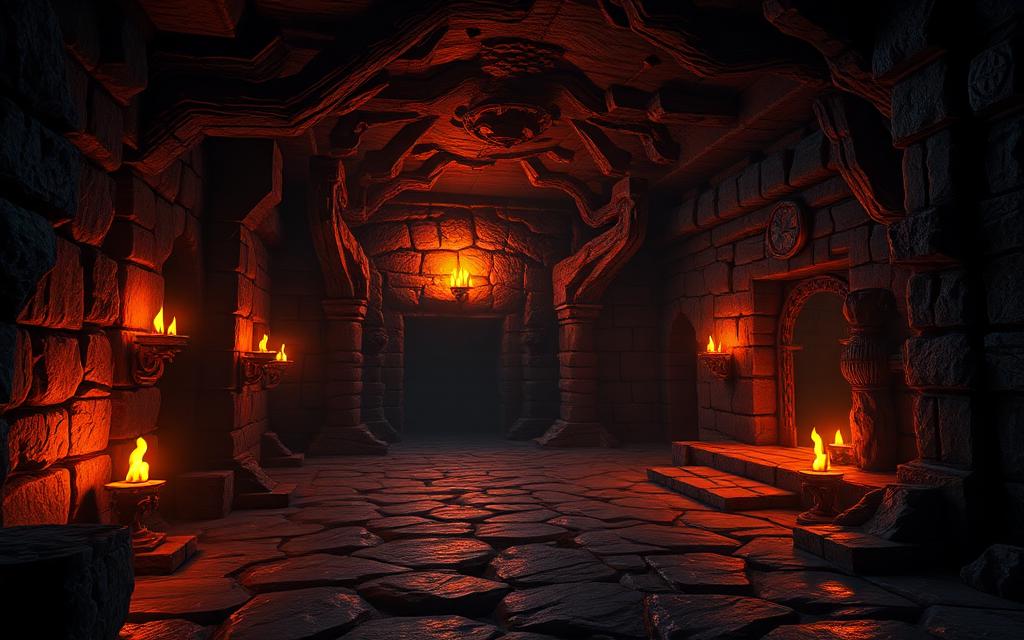 Torch-lit 3D dungeon crawler crypt with carved stone walls