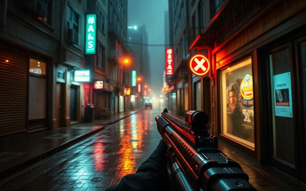 First-person shooter in a rain-soaked neon alley with volumetric lighting