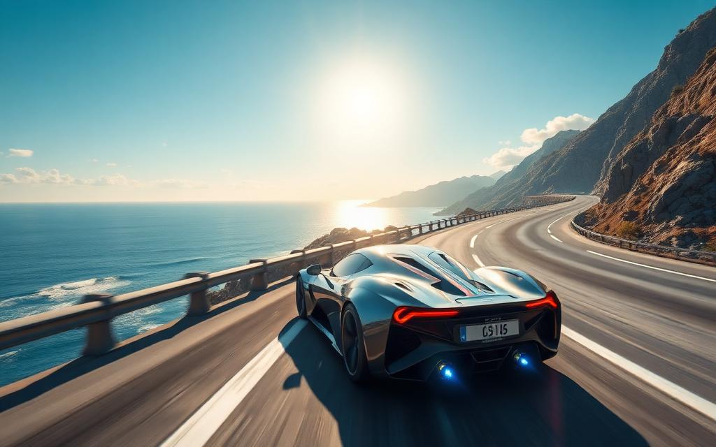 Futuristic car racing along a coastal highway with reflective bodywork